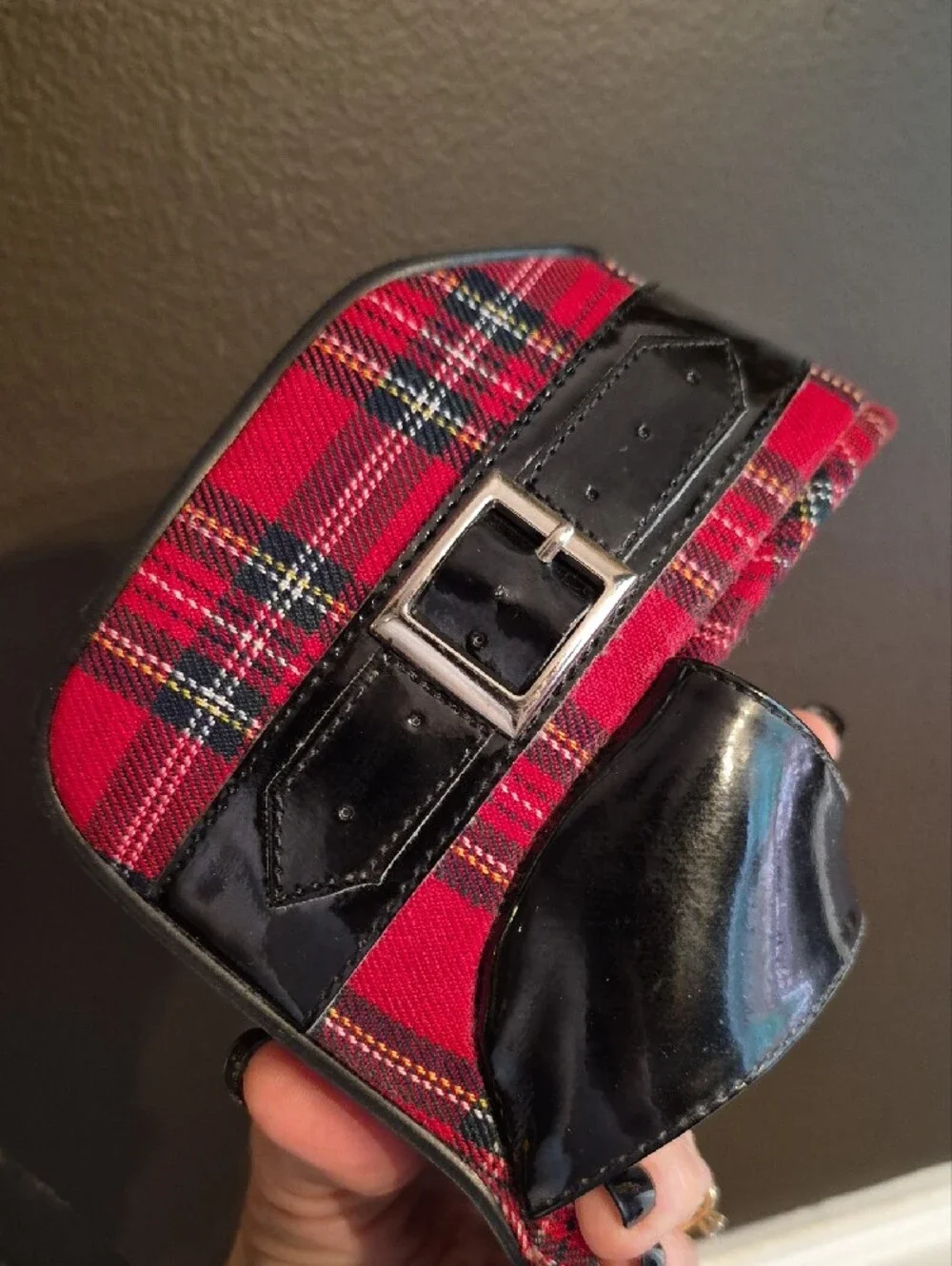 Women’s Red Plaid Platform Heels with Black Patent Straps